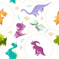 Seamless dinosaur pattern. Animal white background with colorful dino. Vector illustration. Royalty Free Stock Photo